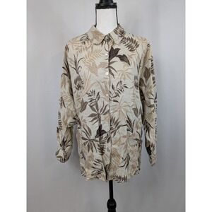 Studio Works Top Linen Button Top Roll Tab Neutral Hawaiian Tropical Sz 1X A094